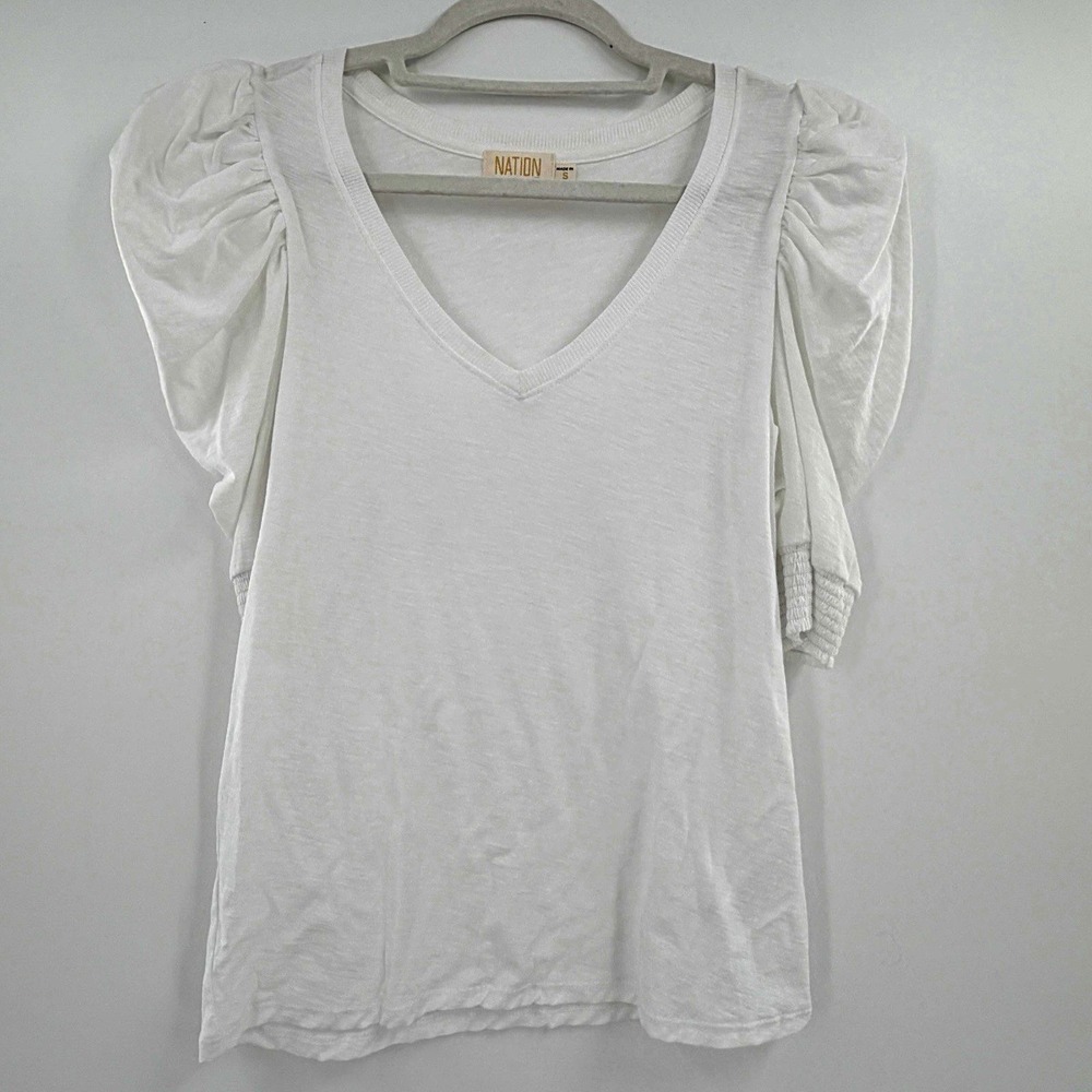 Nation LTD White Puff Sleeve V Neck Top Size Small Pima Cotton Minimalist